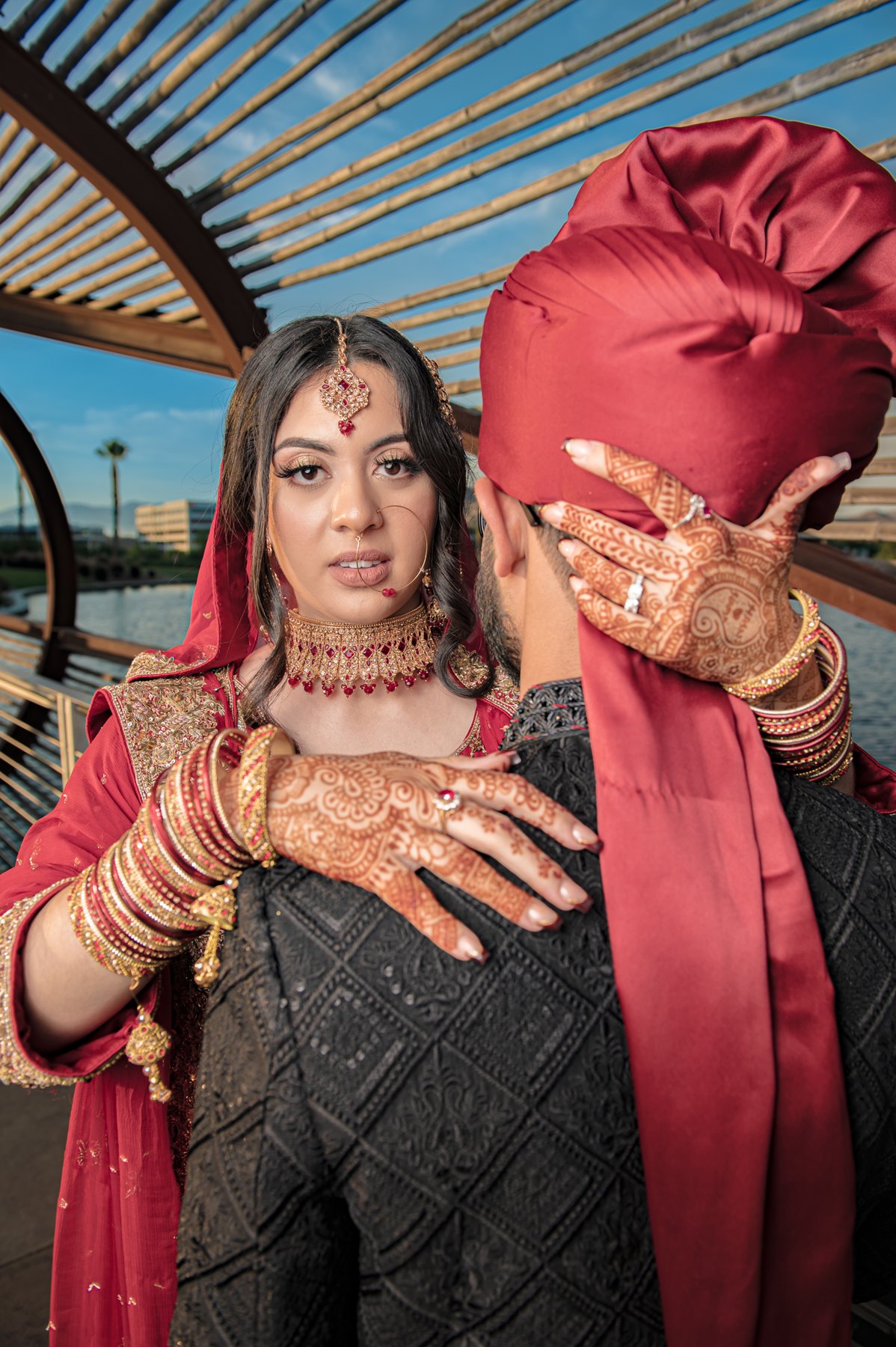 Wedding couple in traditional red attire